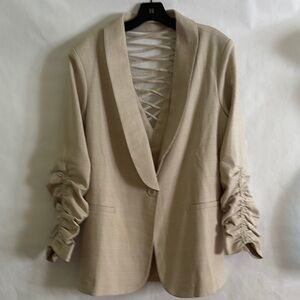 Rushed Sleeve Beige Plaid Women's Blazer with Cutout Detail Size 14
